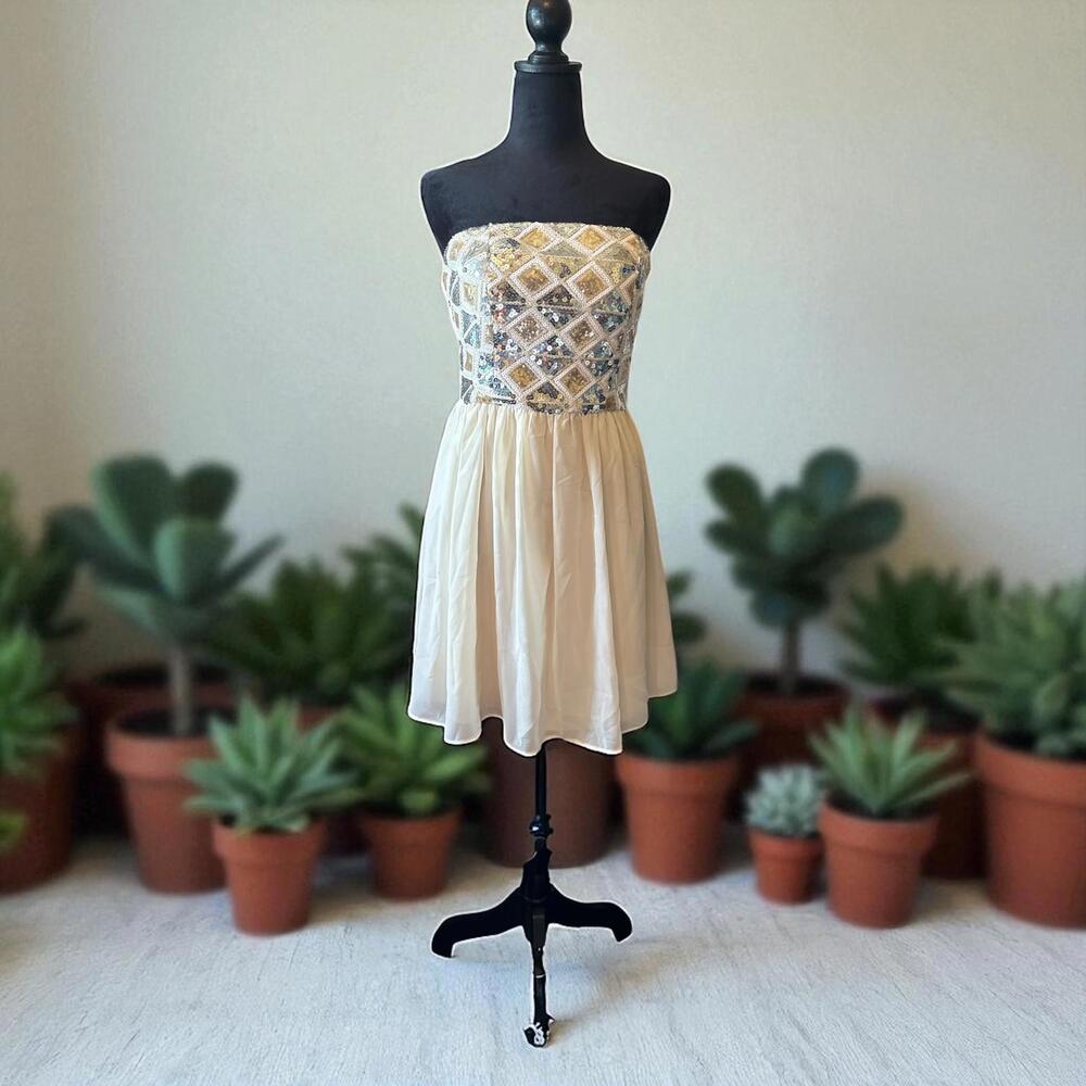 Strapless Cream Sequin Bodice Party Dress